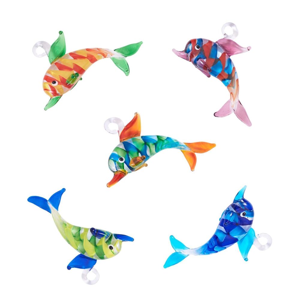 9690 5Pcs Handmade Lampwork Dolphin Charms Colorful Stripe Pattern Glass